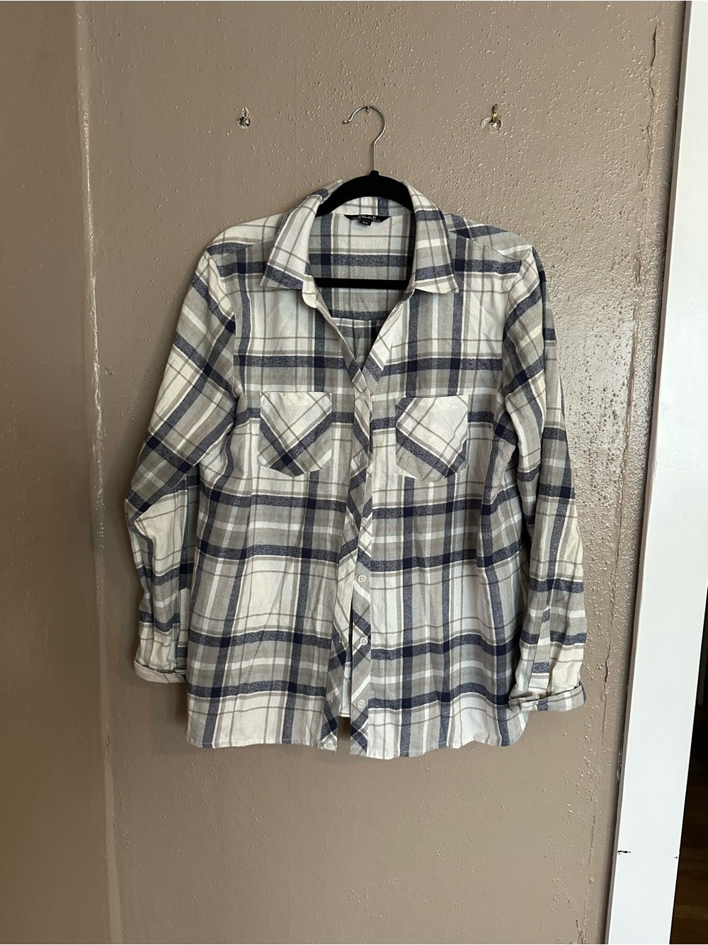 CHARLIE B Cream Plaid Shirt with Navy and Gray Stripes